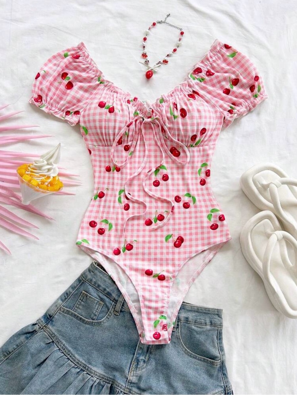 Plaid Cherry Print Bodysuit